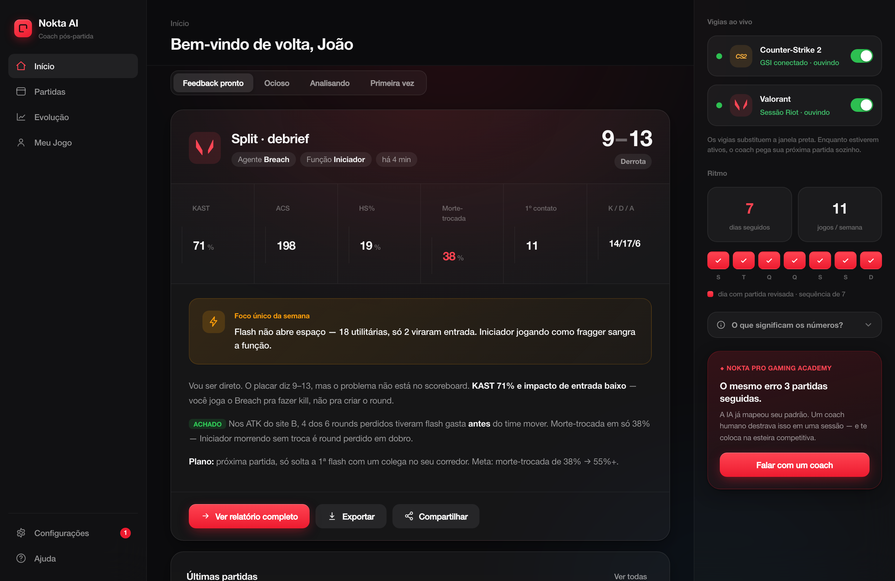 Debrief da IA da Nokta lendo uma partida de Valorant