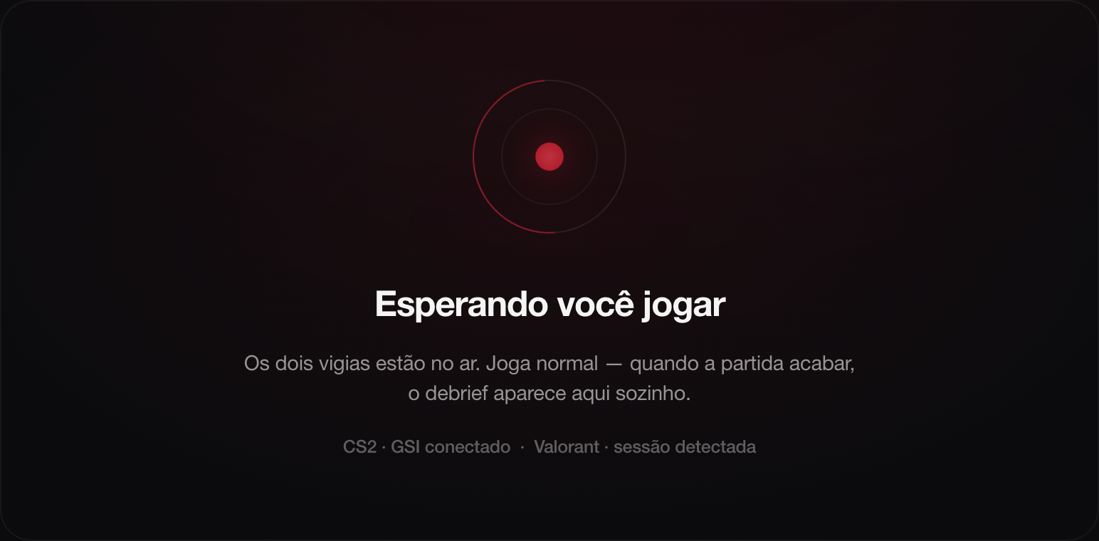 Nokta AI aguardando a próxima partida, com os vigias de CS2 e Valorant ao vivo